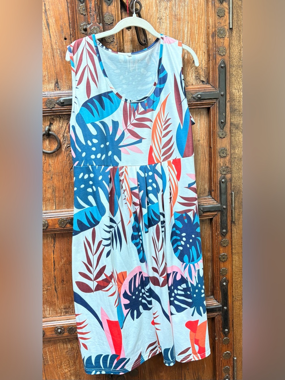 Tropical Leaf Print Sleeveless Summer Dress - Blue Pink Coral SZ 2X EUC